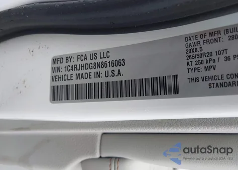 2022 Jeep Grand Cherokee Overland 4X4 z USA, uszkodzony, nr VIN 1C4RJHDG8N8616063